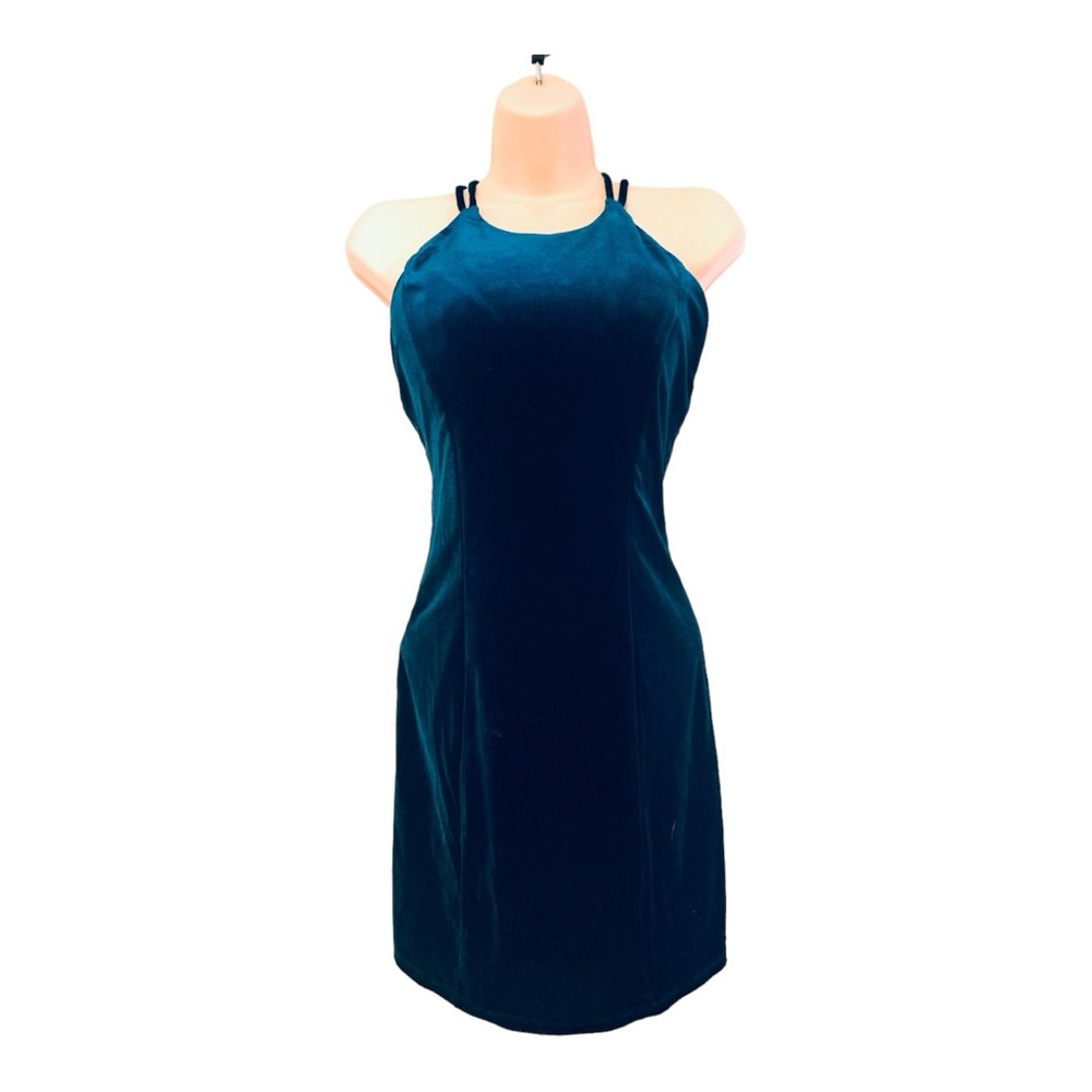 DEAR MOON Velvet Teal Blue Stretch Strappy Cocktail Party Prom Short Mini Dress - Picture 3 of 14